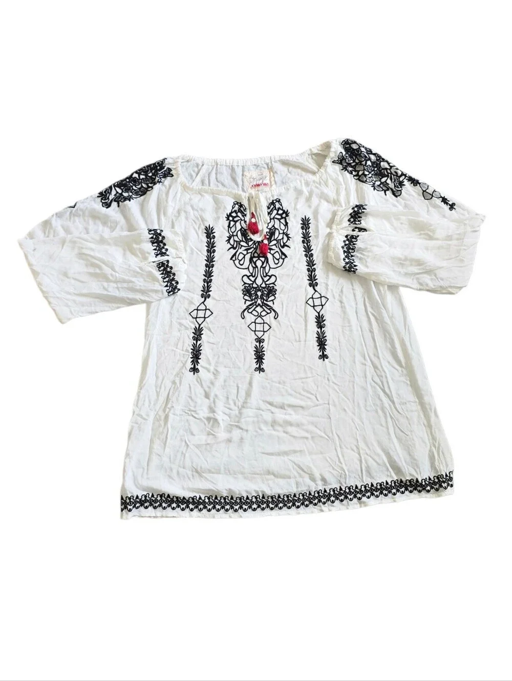 Johnny Was White Embroidered Peasant Top with Black Trim Size L